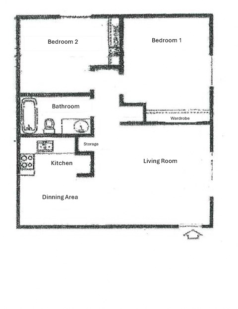 Floor plan for 2 beds, 1 bath, 676 sqft